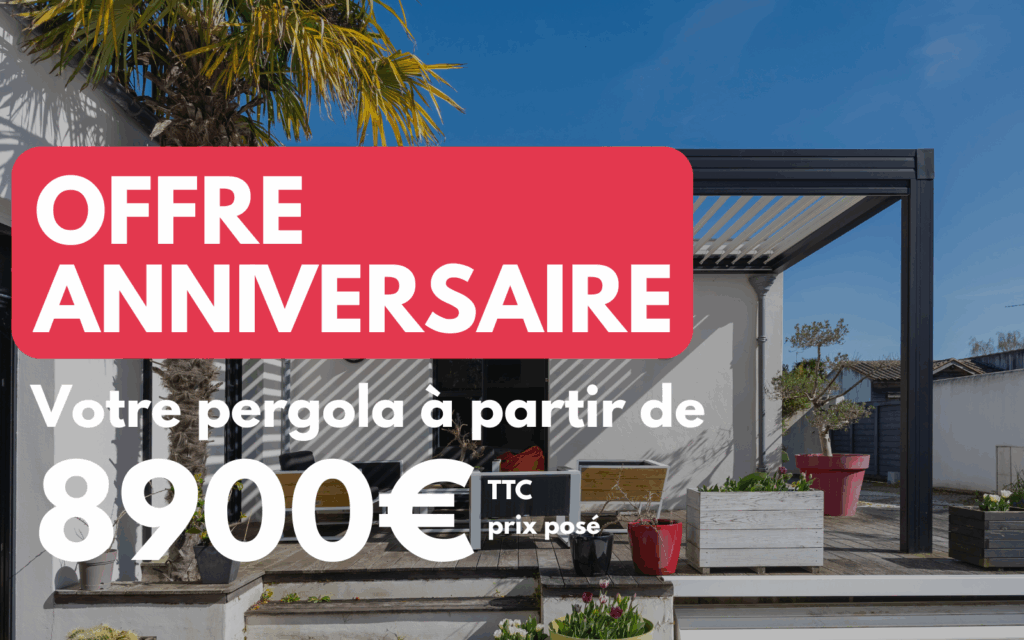 Affiche promotionnelle d'une pergola pour notre offre anniversaire